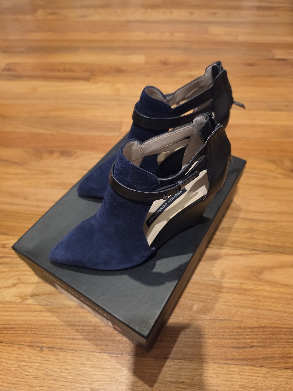 French Connection Navy Suede Pointed Wedge Booties with Black Strap; Heel 3.5